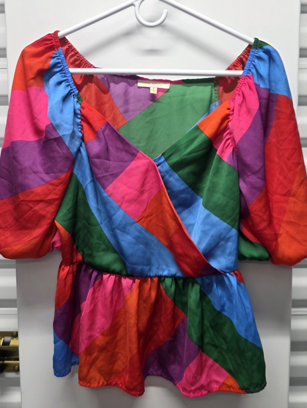 Skies Are Blue Top Colorblock Puff-Sleeve Peplum Blouse Multicolor Women M